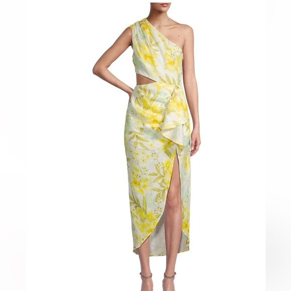 Elliatt Dresses & Skirts - elliatt ragal yellow floral cut-out one shoulder draped linen midi dress small
